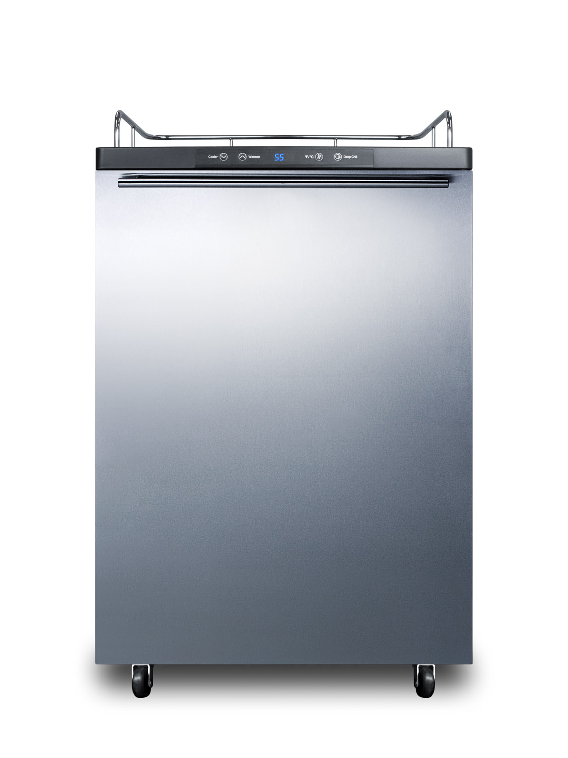 Freestanding residential beer dispenser, auto defrost w/digital thermostat, SS door, horizontal handle, and black cabinet; no tapping equipment included
